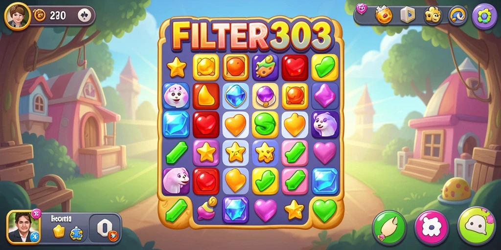 Tampilan gameplay seru FILTER303 dengan grafis warna-warni match-3.